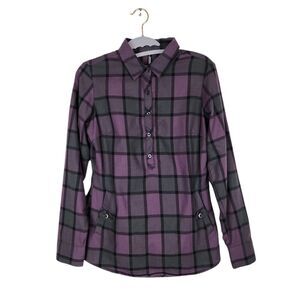 KUHL Top Womens XS Purple Black Plaid Flannel Rukus 1/2 Button Down Shirt Cabin